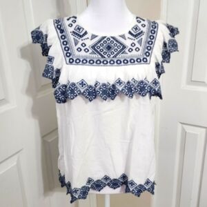 Embroidered White and Blue Top Jennifer & Grace Size L